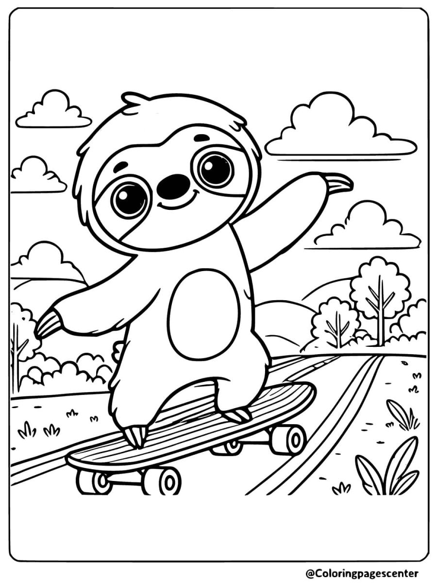 Cute sloth skateboarding on a sunny day coloring page