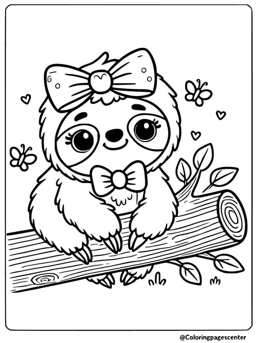 Cute sloth sitting on a log with a big bow coloring page