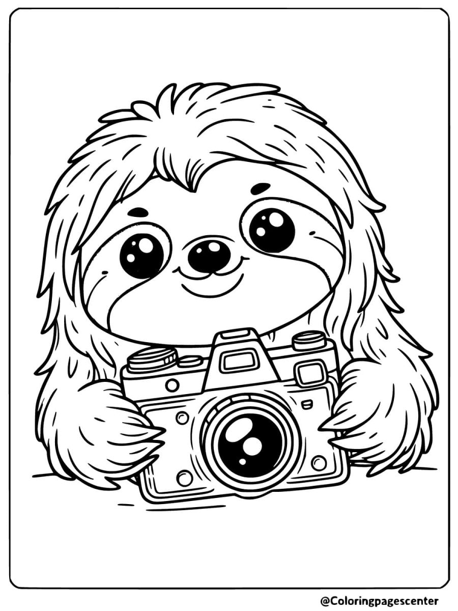 Cute sloth holding a camera coloring page