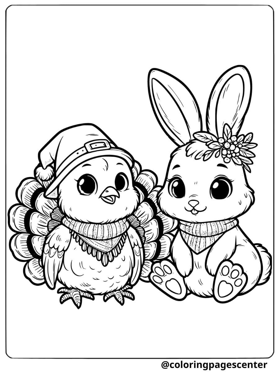 Cute turkey and bunny friends coloring page