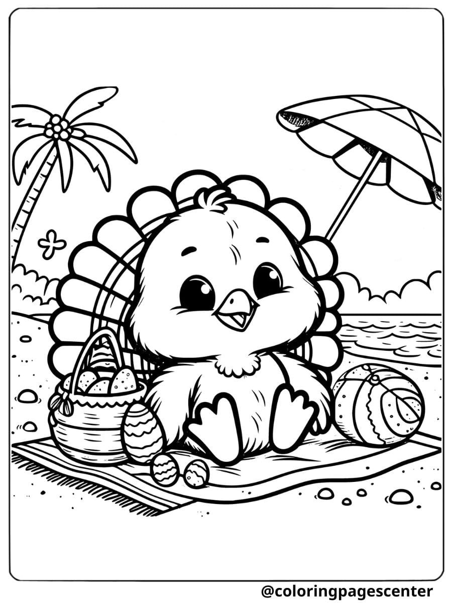 Cute turkey relaxing at the beach coloring page