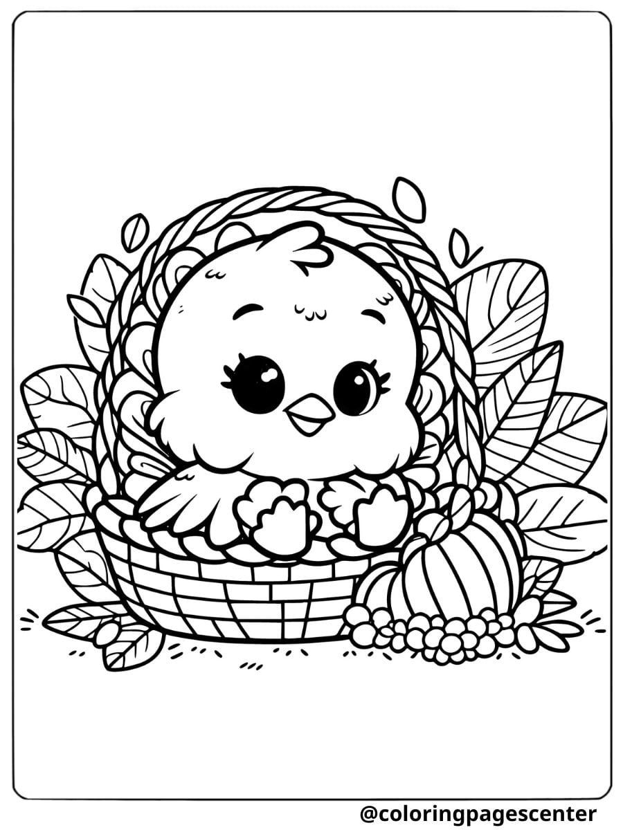 Cute turkey sitting in a basket coloring page