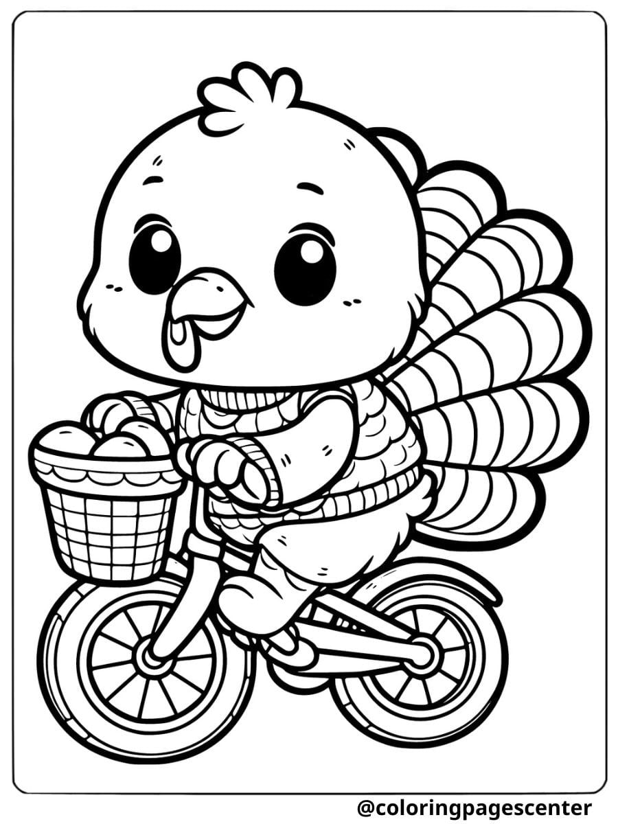 Cute turkey riding a bicycle coloring page