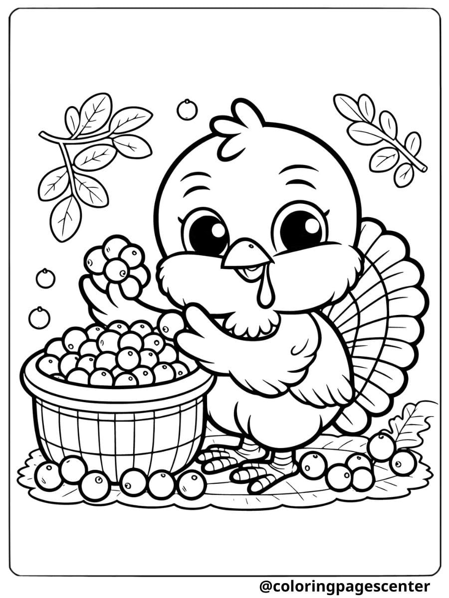 Cute turkey gathering berries coloring page