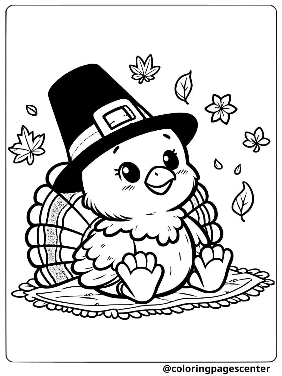 Cute turkey wearing a pilgrim hat coloring page