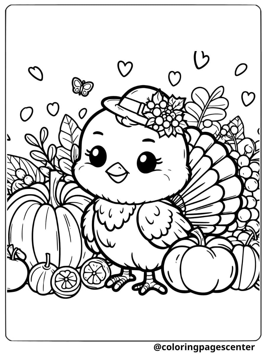 Cute turkey standing with pumpkins coloring page