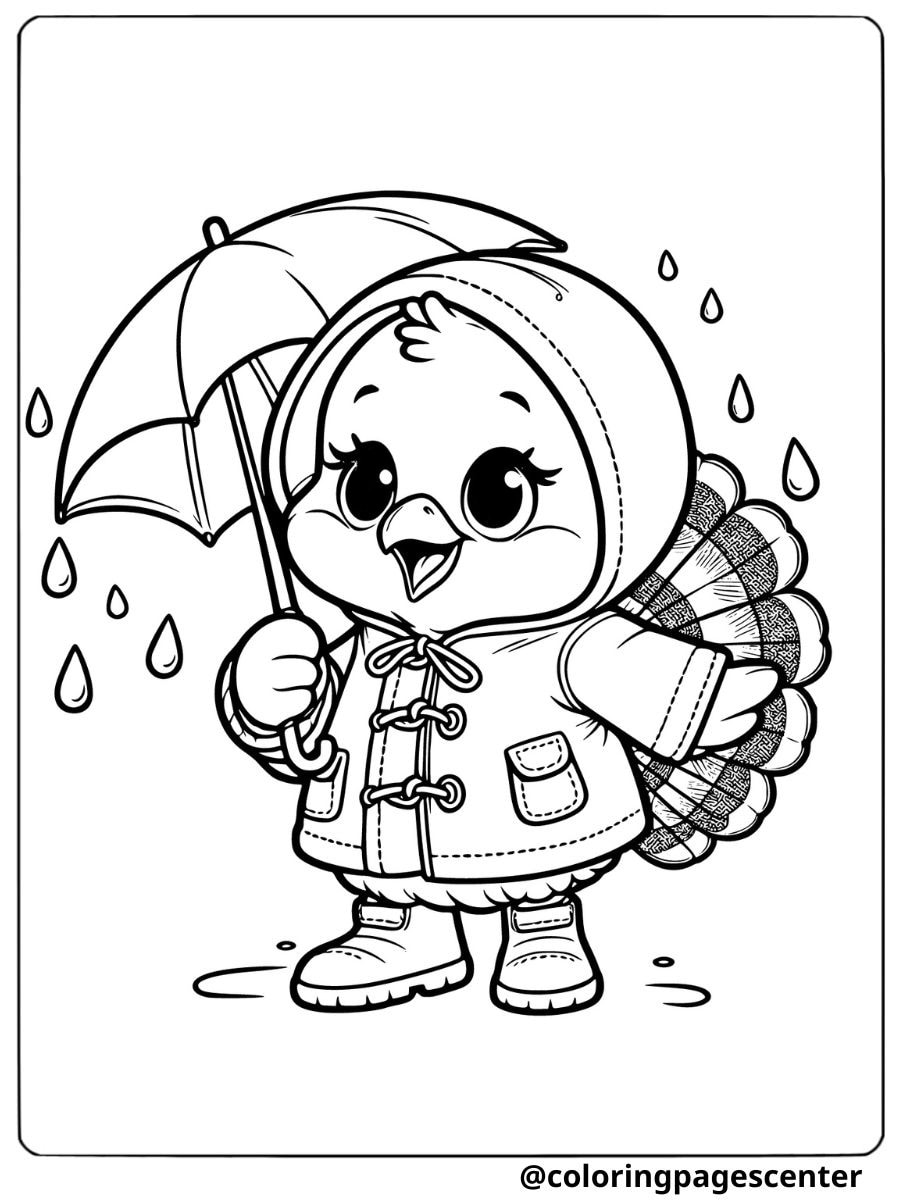 Cute turkey in raincoat with umbrella coloring page