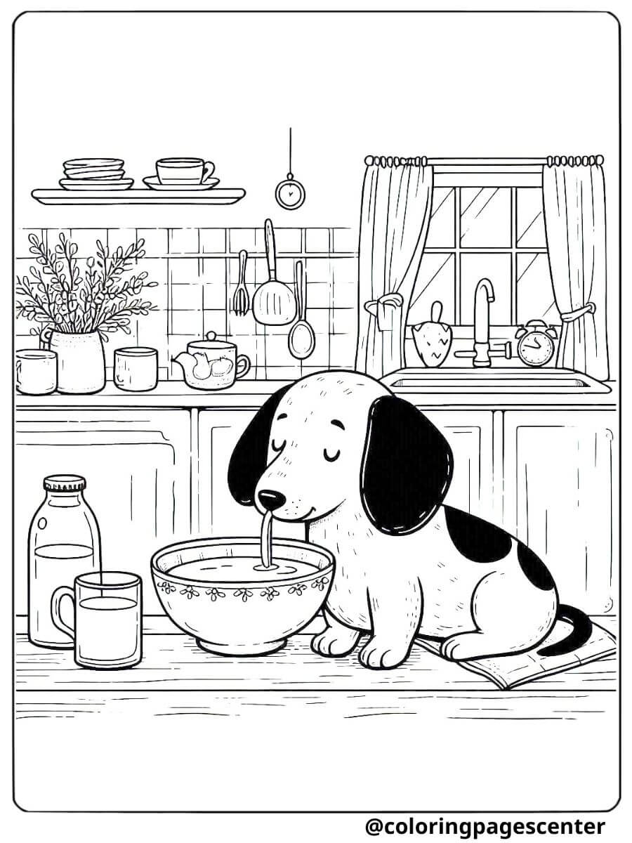 Dachshund drinking milk in the kitchen coloring page