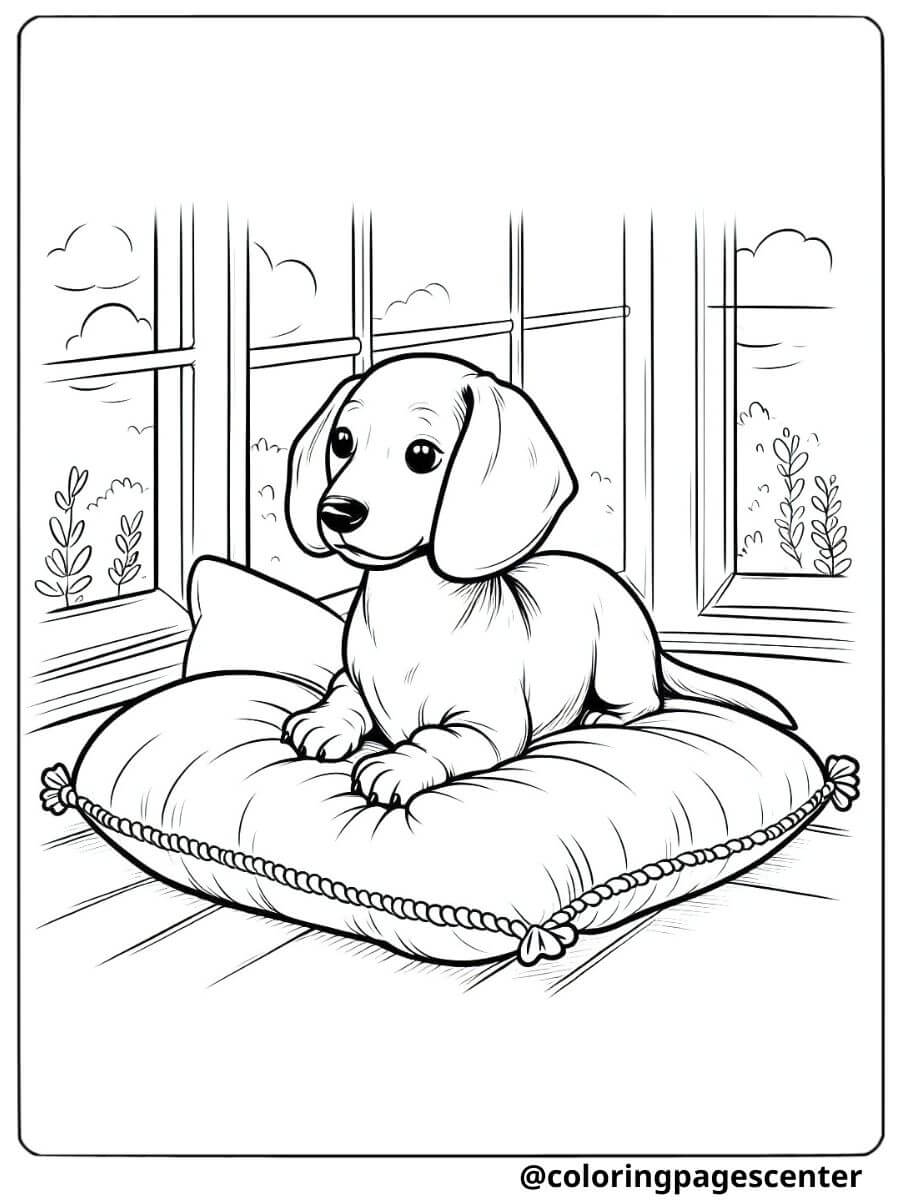 Wiener dog relaxing on a cushion coloring page