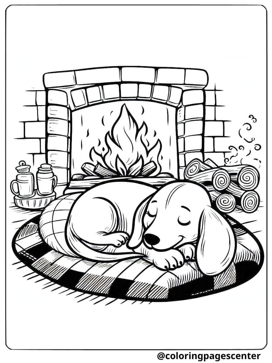 Wiener dog resting near fireplace coloring page