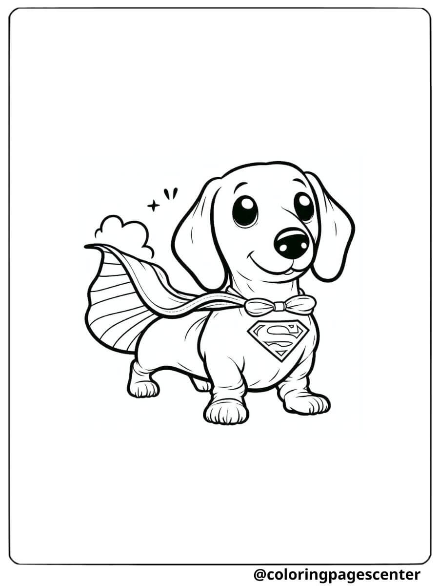 Wiener dog in superhero costume coloring page