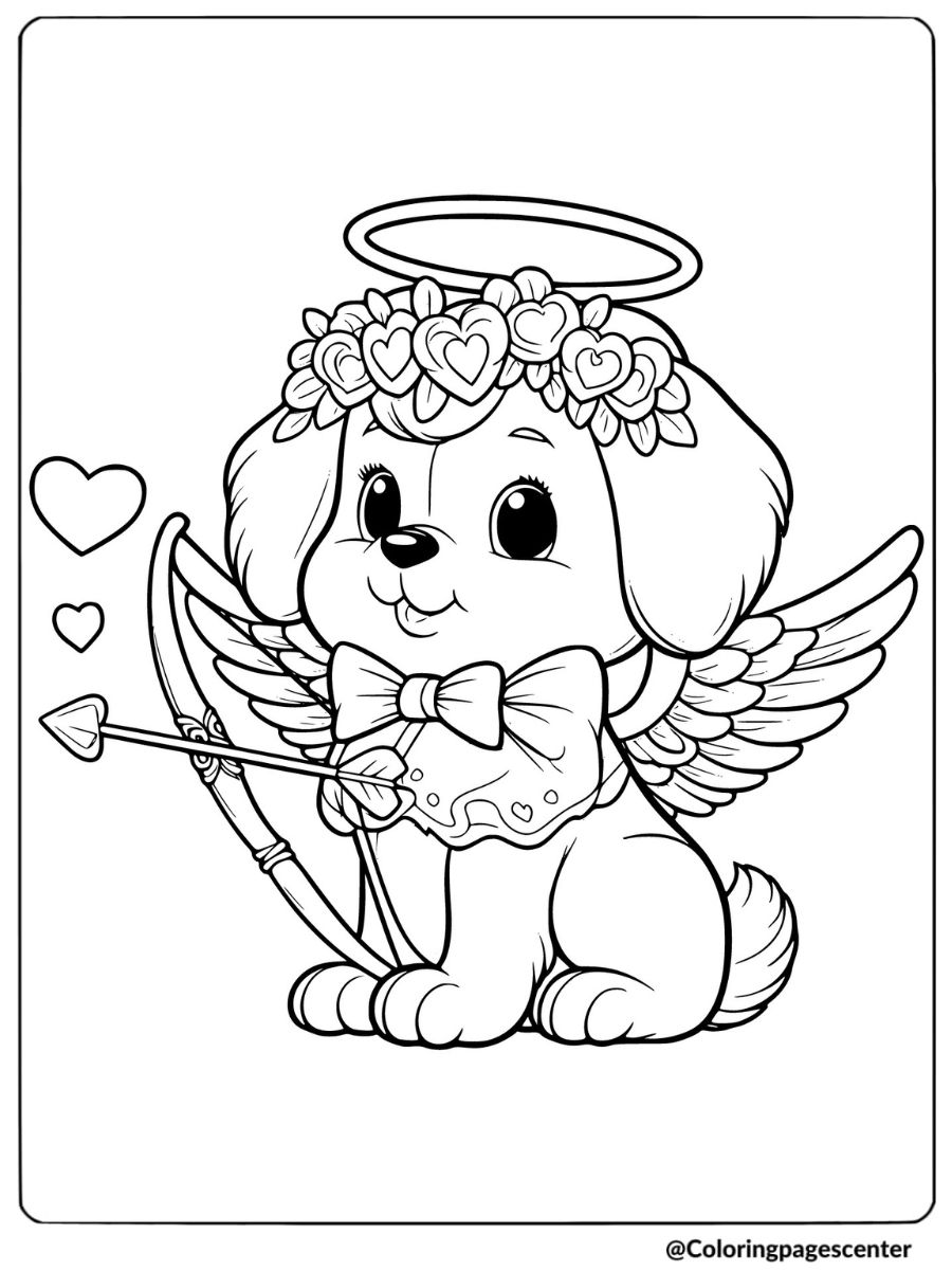 Valentine dog dressed as Cupid with bow coloring page