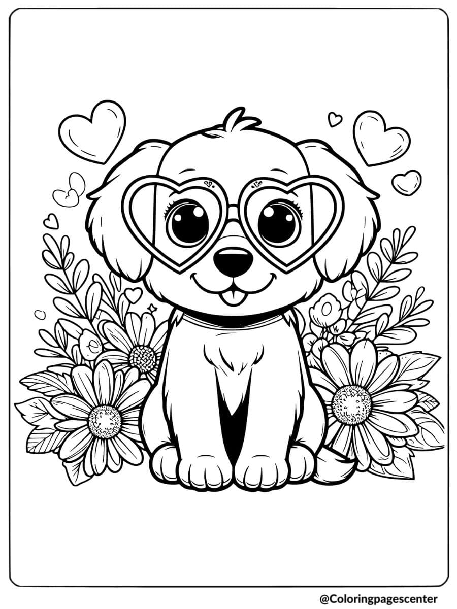 Adorable valentine dog with heart glasses coloring page