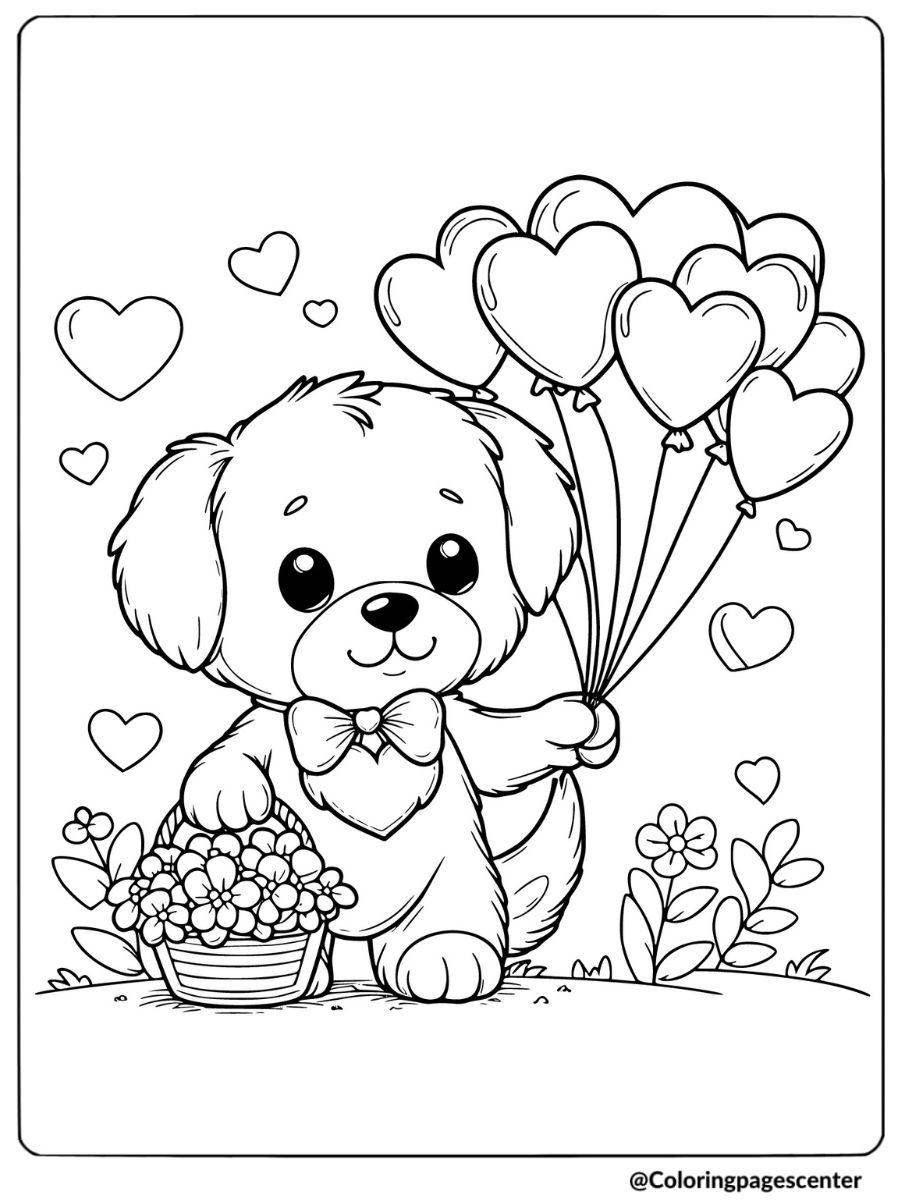 Cute dog holding heart balloons for valentine coloring page