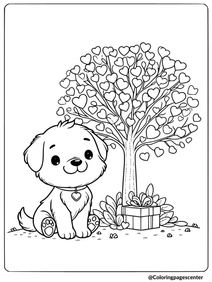 Dog sitting by valentine tree with hearts coloring page