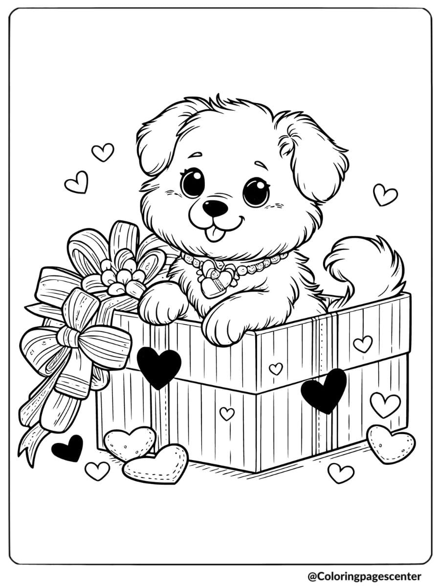 Cute dog in valentine gift box with hearts coloring page