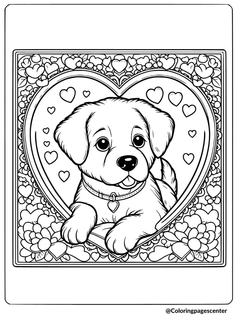 Dog inside valentine heart frame coloring page