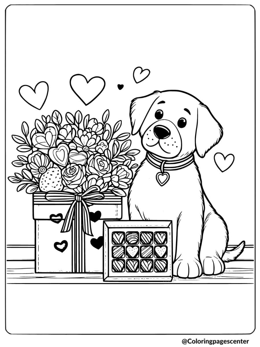 Dog with valentine bouquet and chocolates coloring page