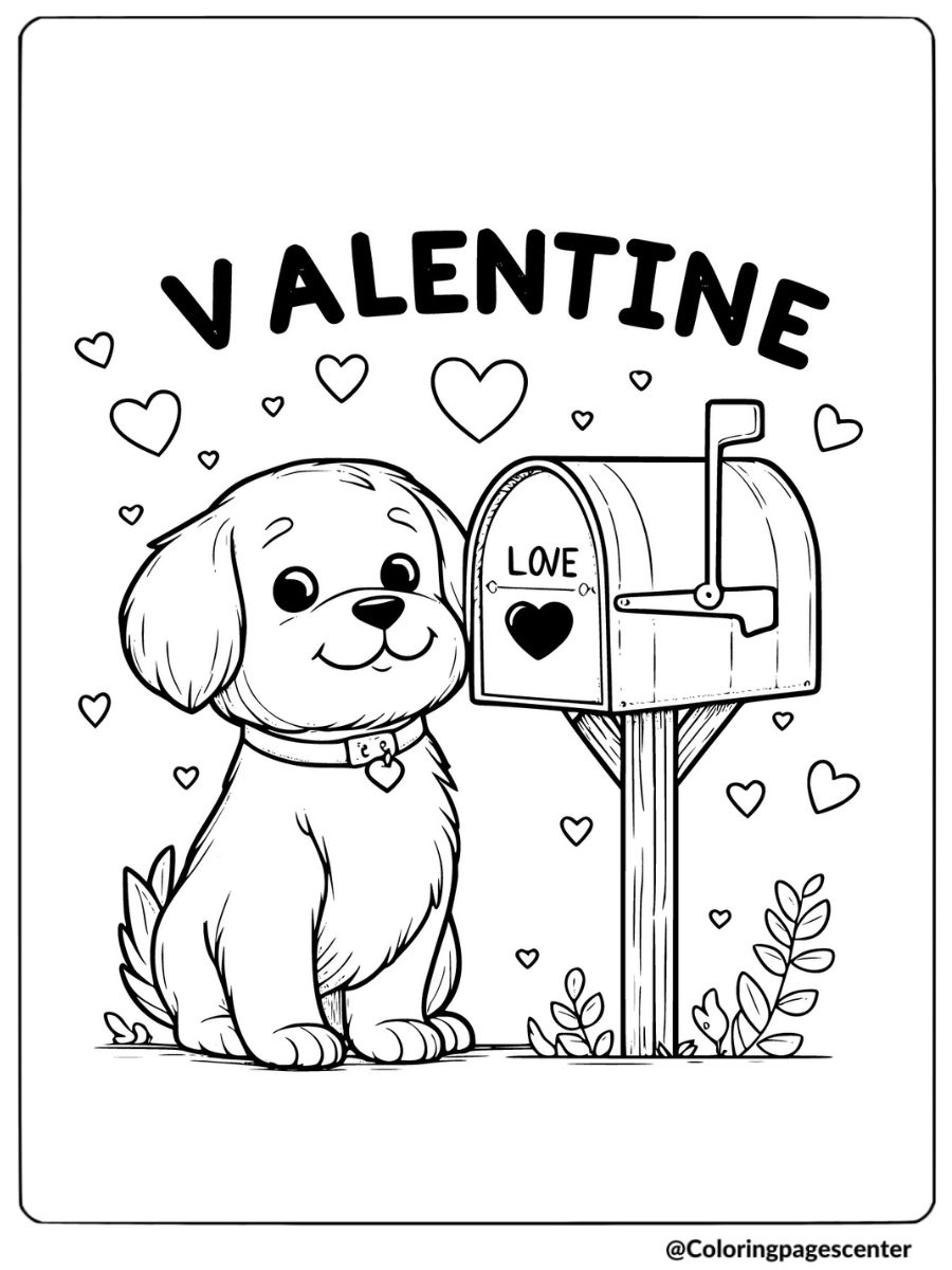 Dog with valentine mailbox and love letters coloring page