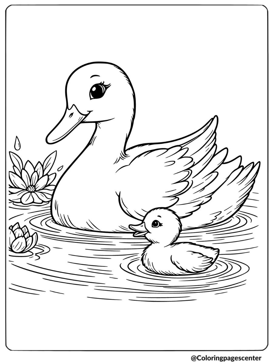 Duck And Duckling Floating In The Pond Coloring Page