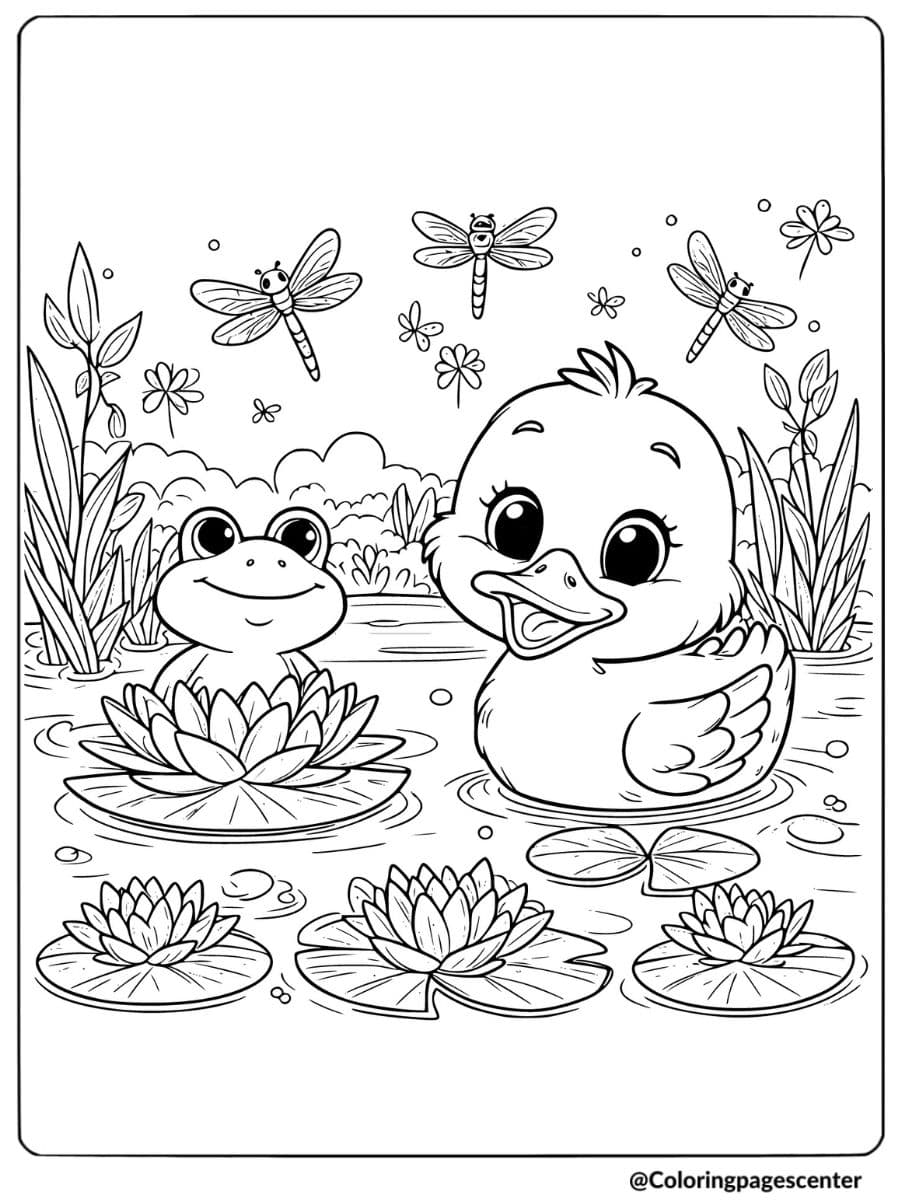 Duck And Frog In A Pond With Dragonflies Coloring Page