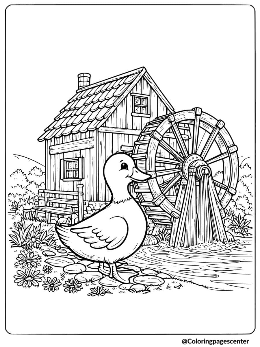 Duck By The Watermill And Cabin Coloring Page