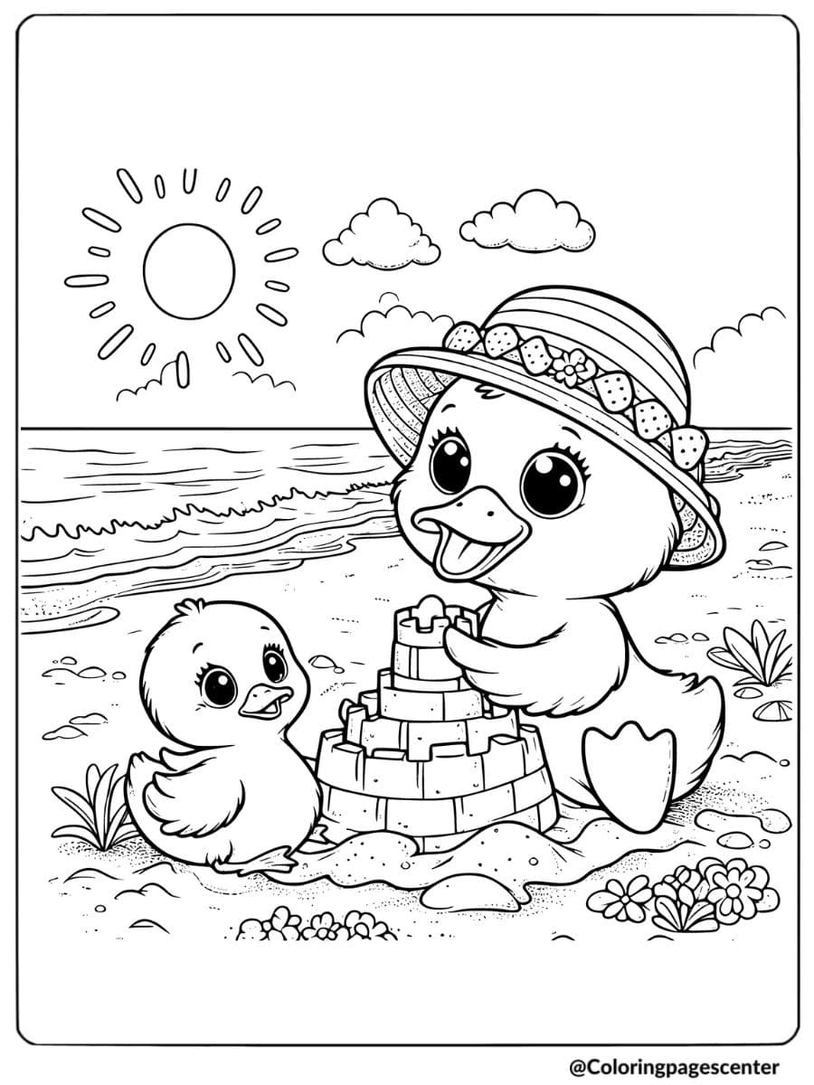 Duck Making A Sandcastle On The Beach Coloring Page