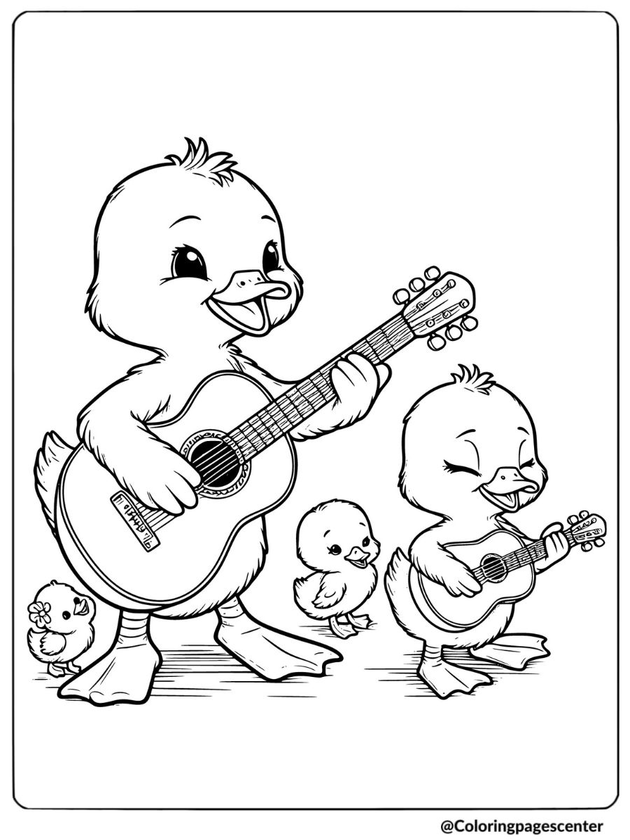 Ducklings Playing Guitars Together Coloring Page