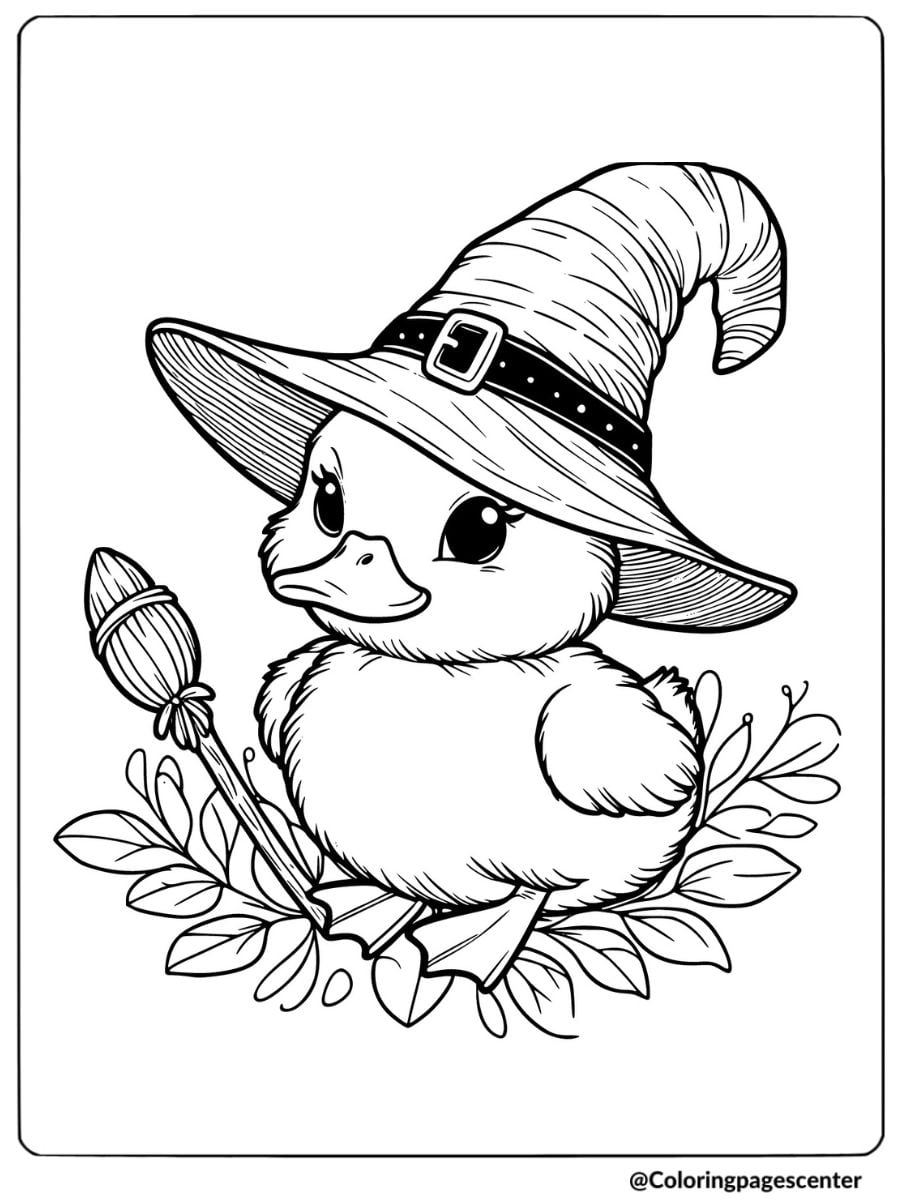 Duck With Witch Hat And Broom Coloring Page