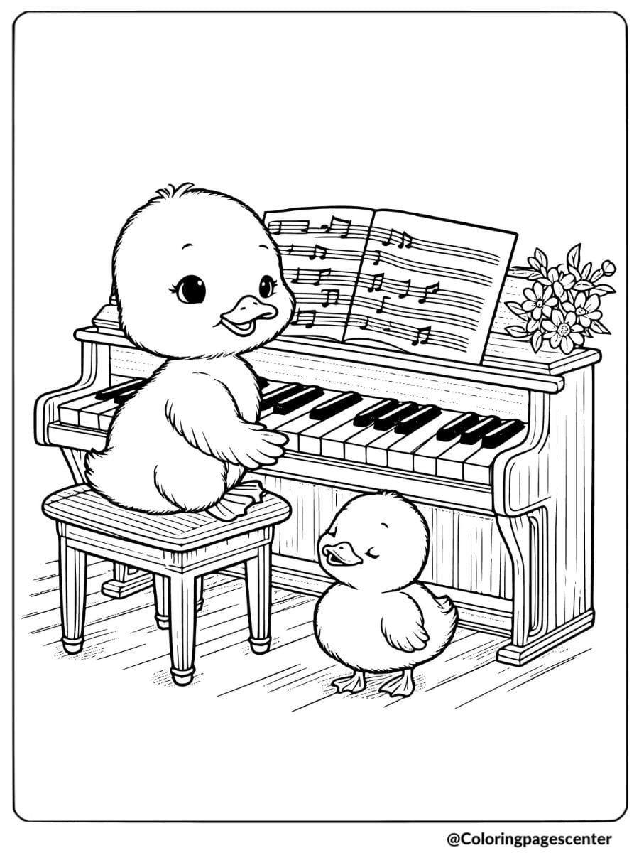 Duck Playing Piano With Another Duckling Coloring Page