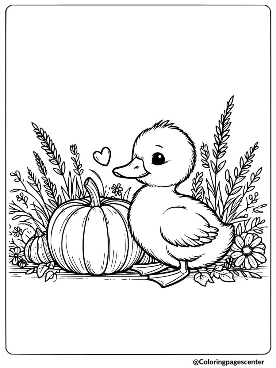 Cute Duck With Pumpkin And Heart Coloring Page