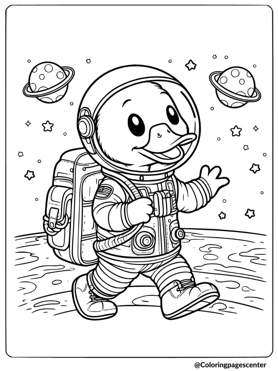 Duckling Walking In Space As An Astronaut Coloring Page