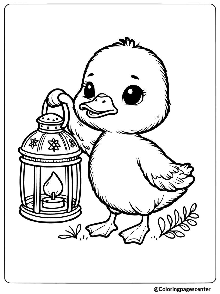 Duckling Holding A Lantern In Hand Coloring Page