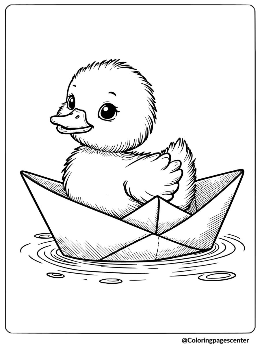 Duckling Sitting In A Paper Boat Floating Coloring Page