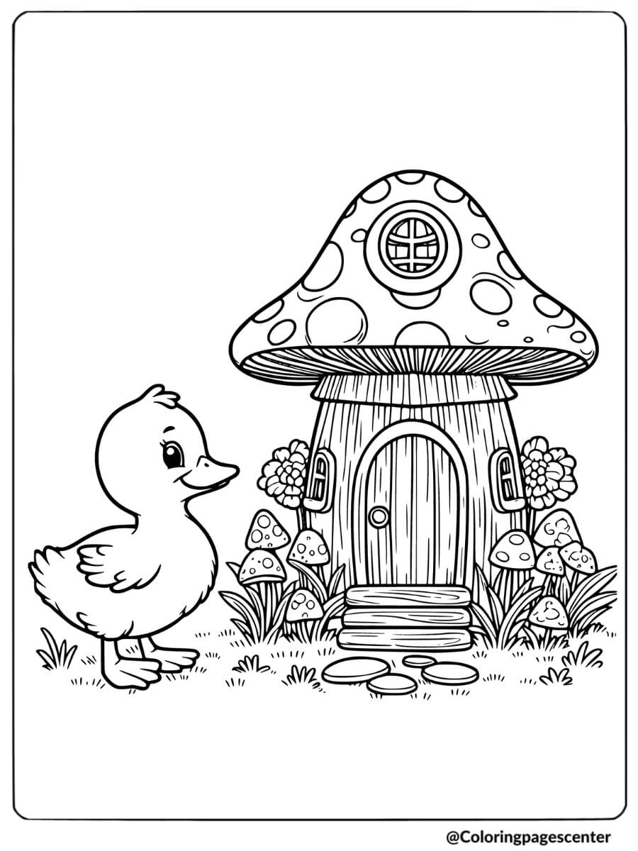 Duckling Standing Near A Mushroom House Coloring Page