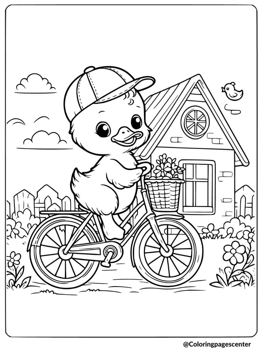 Duckling On A Bike With Flowers Coloring Page