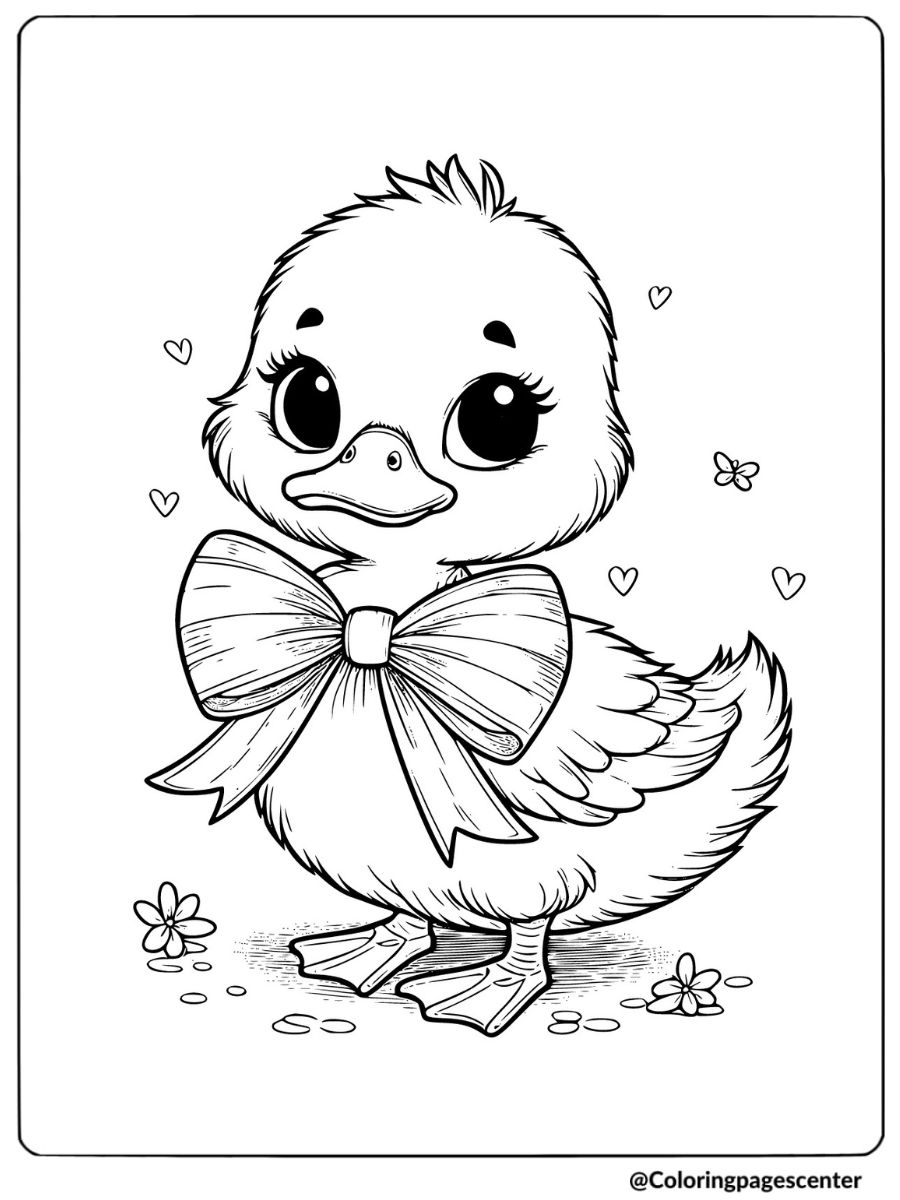 Cute Duckling With A Big Ribbon Coloring Page