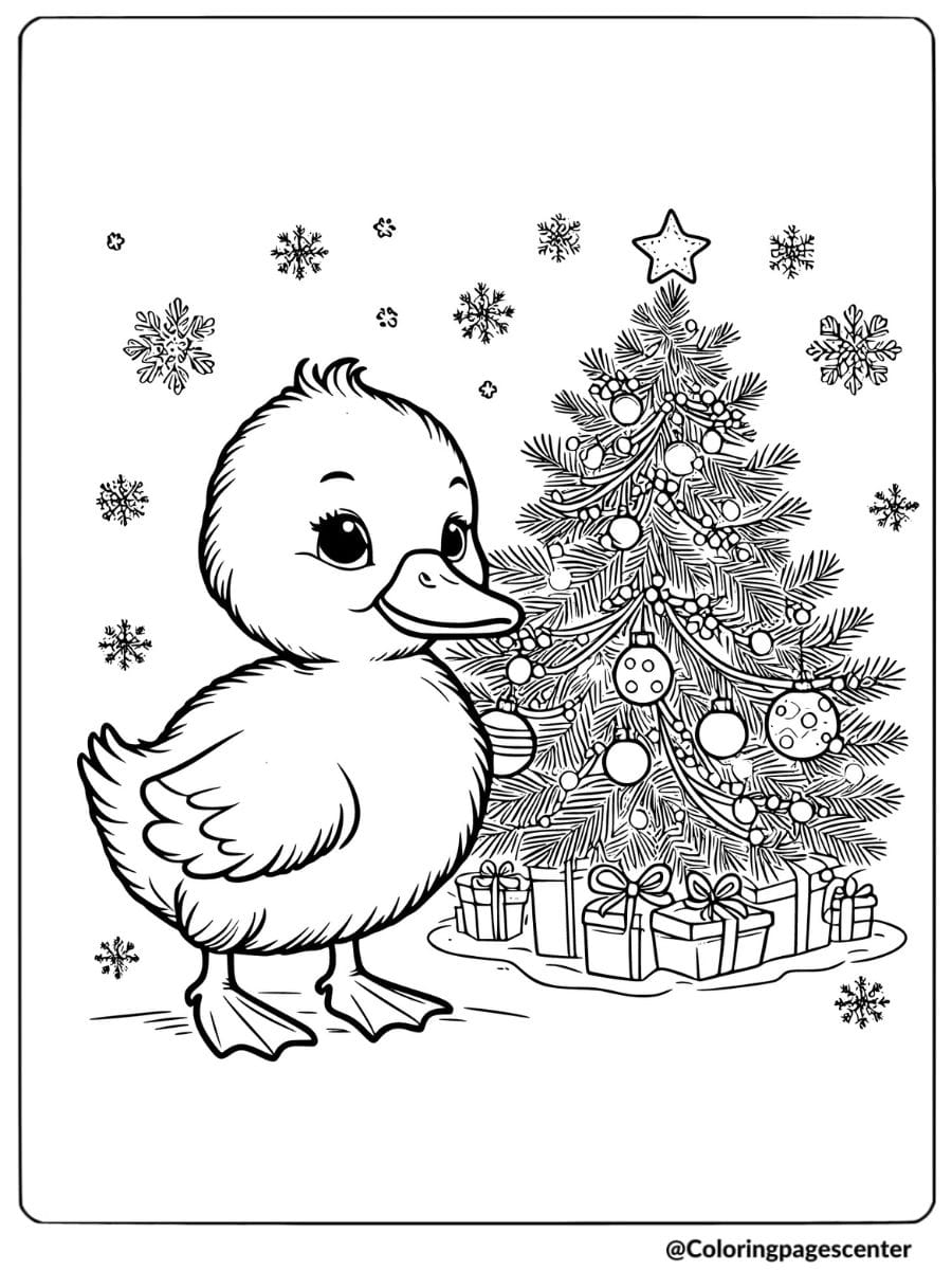 Duckling Decorating A Christmas Tree Coloring Page