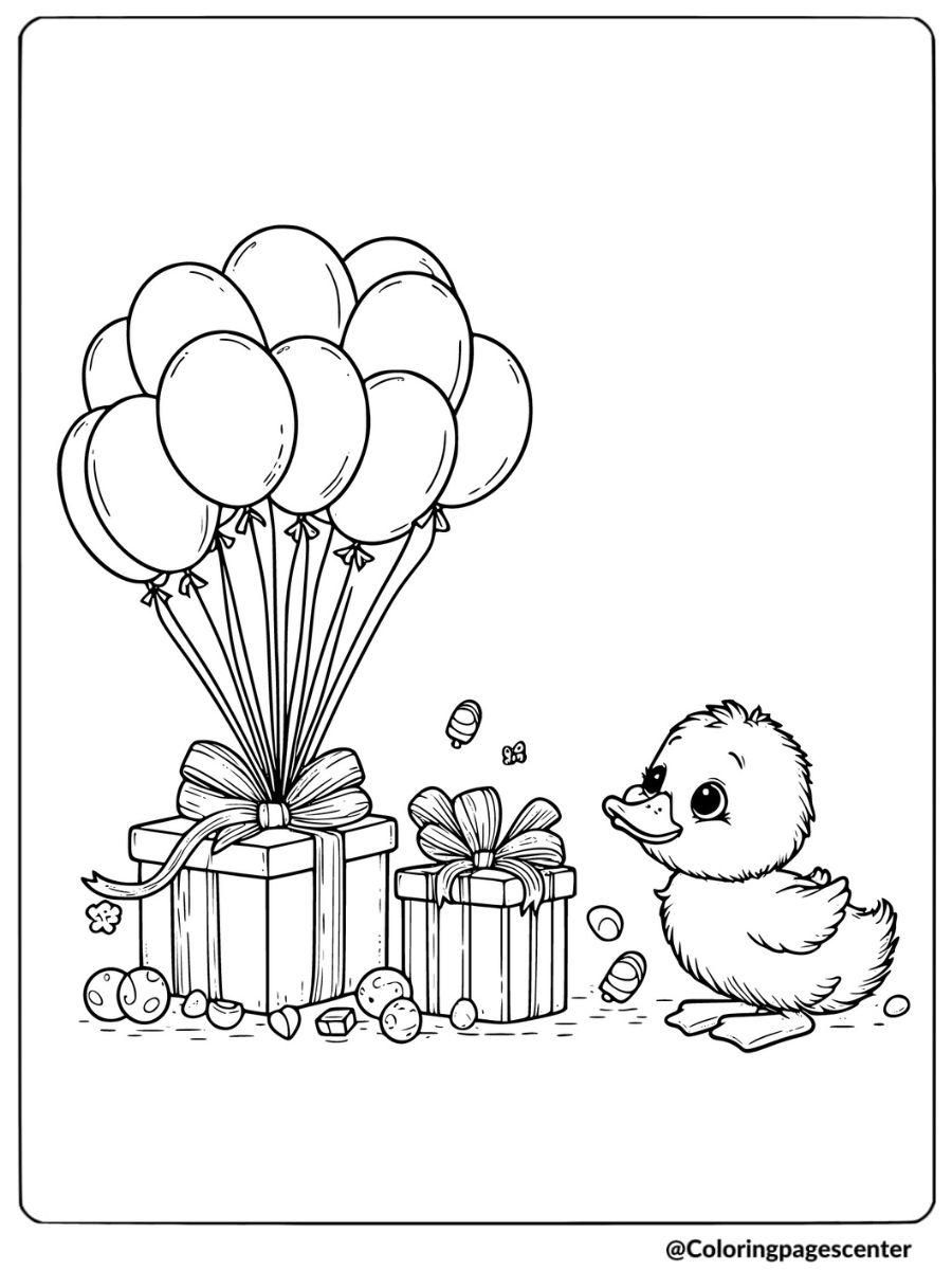 Duckling With Balloons And Gifts Coloring Page