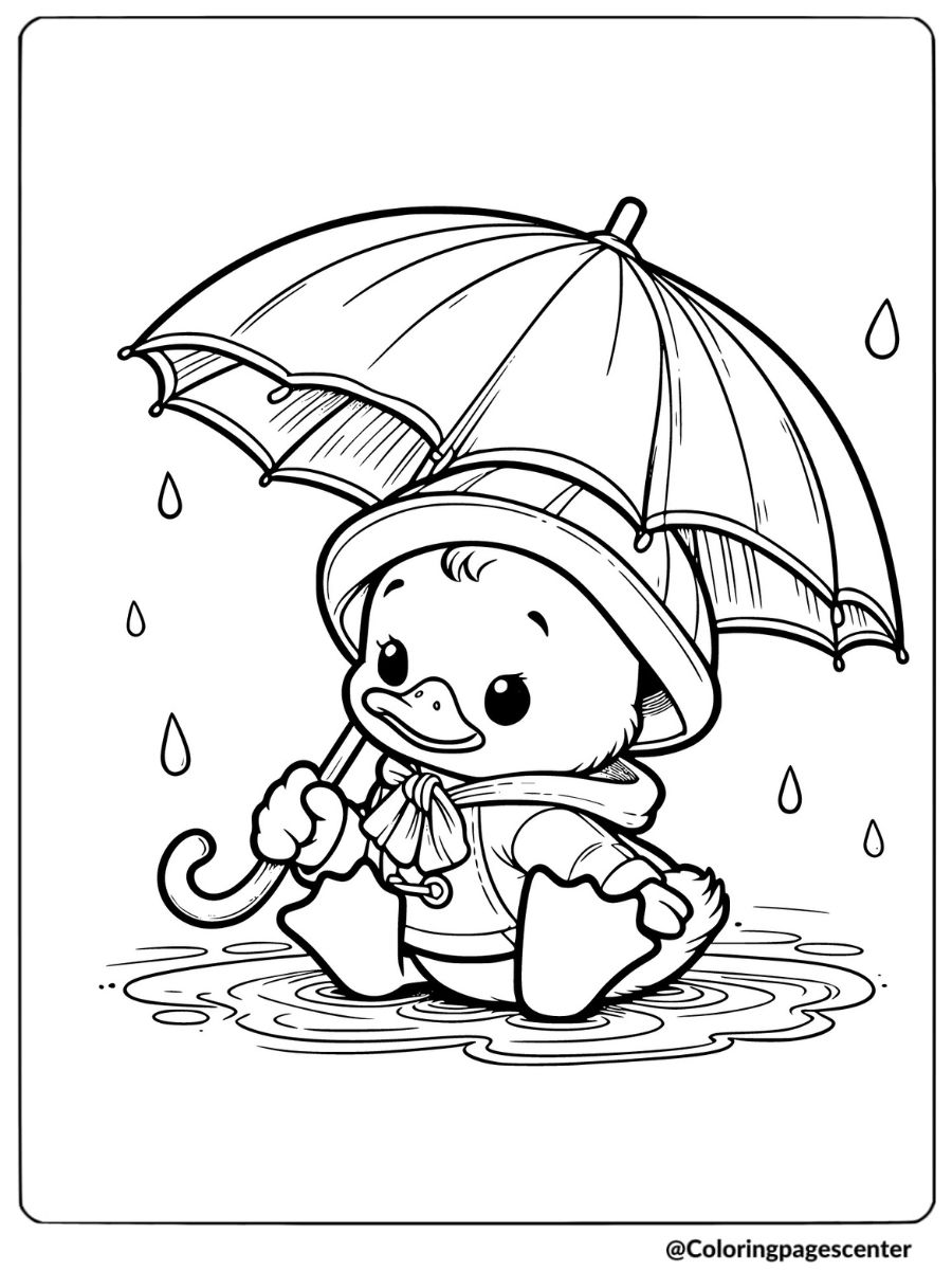 Duckling Walking In Rain With Umbrella Coloring Page