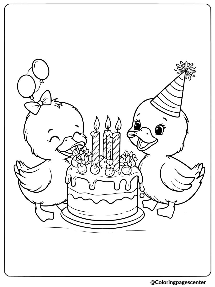 Ducklings Celebrating With A Birthday Cake Coloring Page