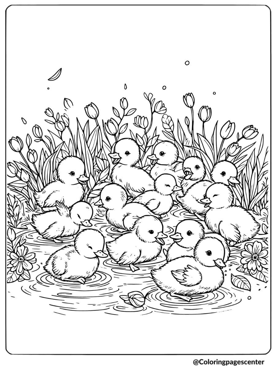 Ducklings Playing In A Pond With Flowers Coloring Page