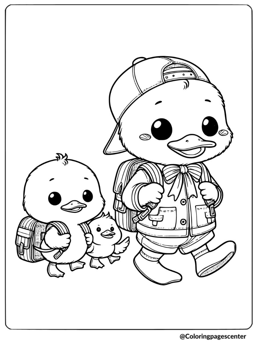 Two Ducklings Walking With Backpacks Coloring Page