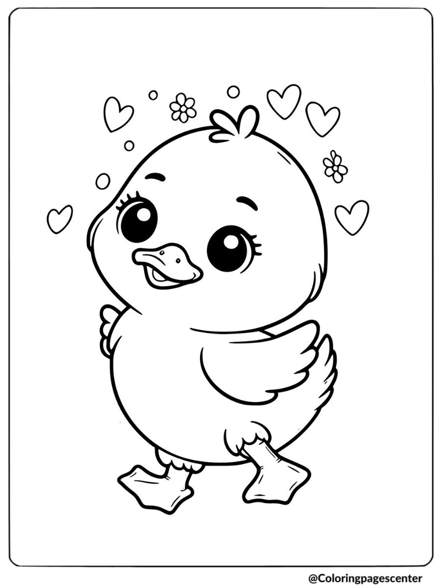 Cute Duck Surrounded By Hearts Coloring Page