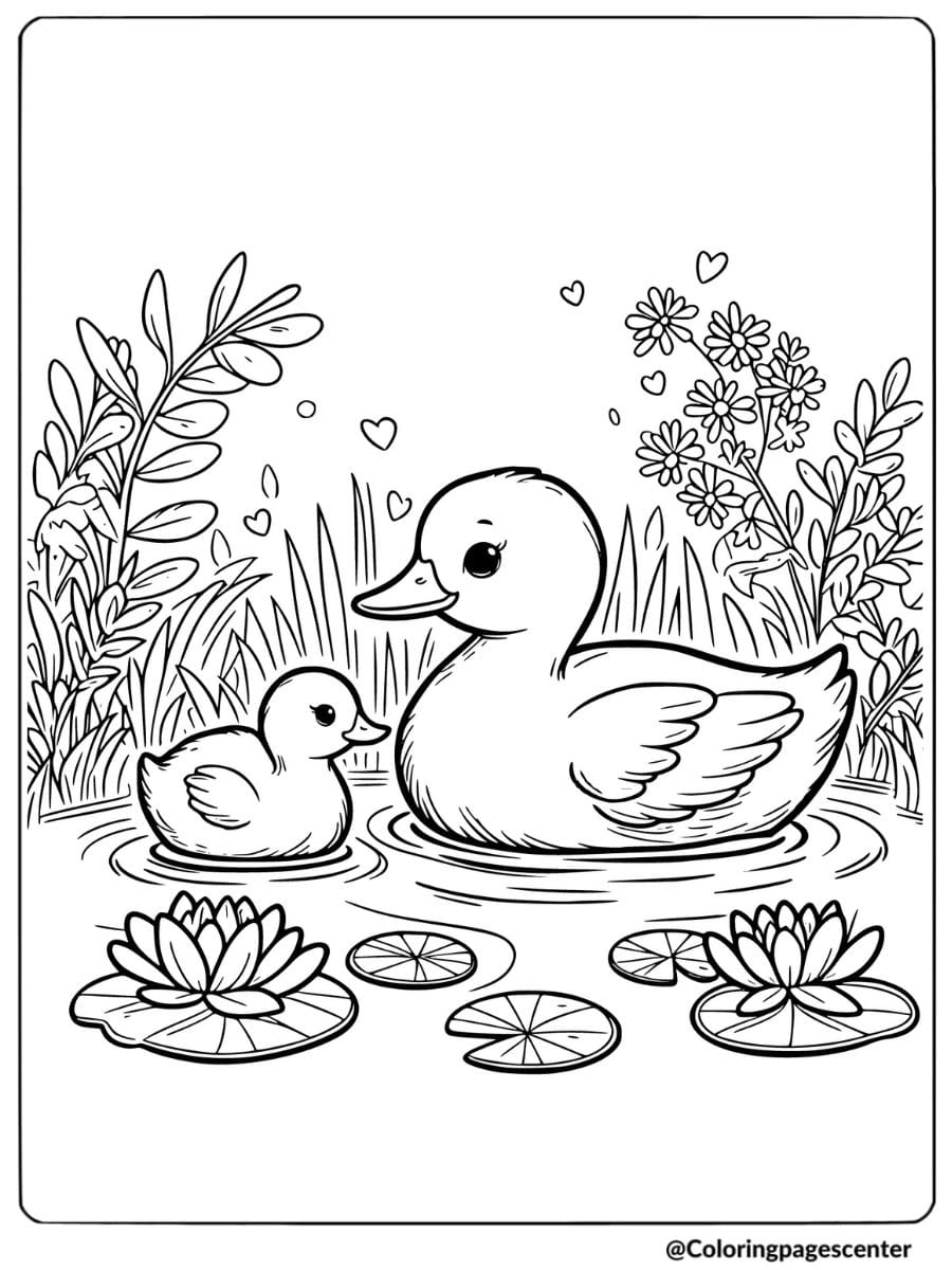 Mother And Baby Duck In Lily Pond Coloring Page