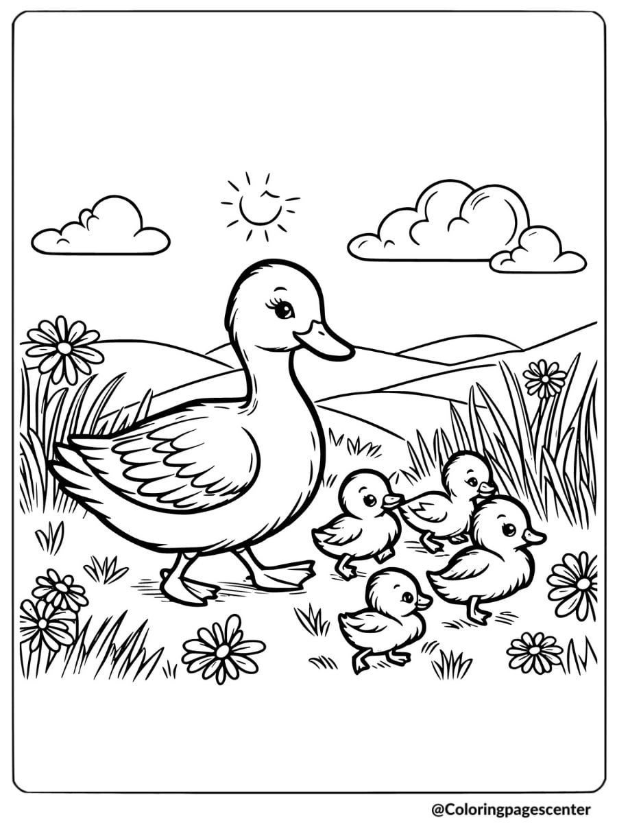 Mother Duck Walking With Ducklings Coloring Page