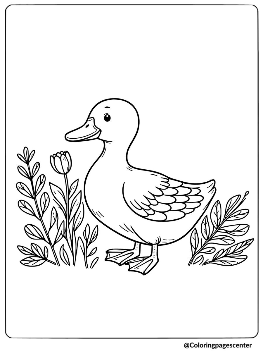 Cute Duck With Flowers Coloring Page