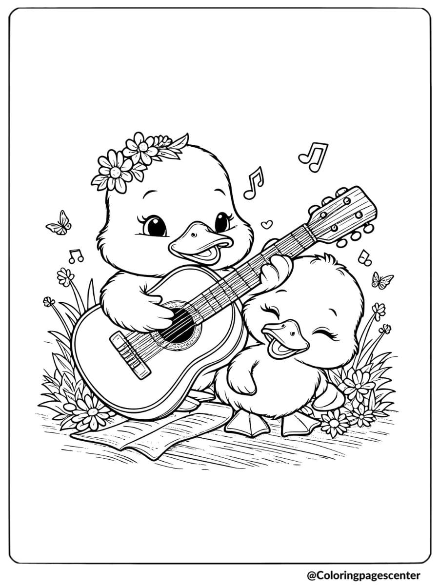 Ducks playing a guitar while singing together coloring page