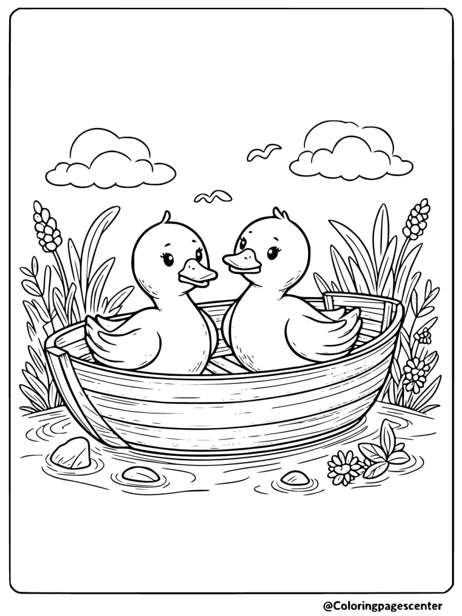 Two ducks sitting in a wooden boat on water coloring page