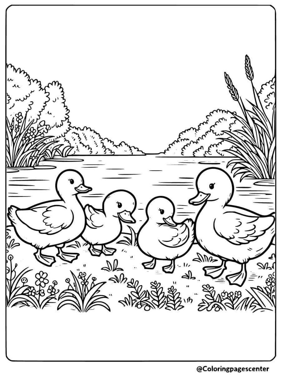 Ducks walking near a lake in a peaceful scene coloring page